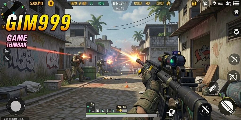 Tampilan gameplay GIM999 dengan aksi tembak-menembak yang seru.