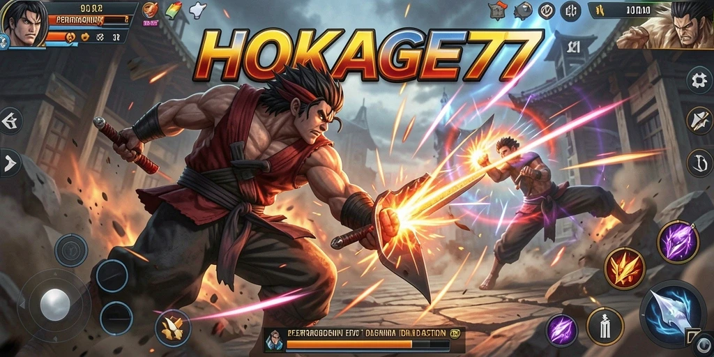 Screenshot utama HOKAGE77 dengan aksi pertarungan yang mendebarkan.
