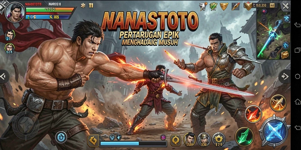 Screenshot gameplay NANASTOTO menampilkan pertarungan intens antara karakter.