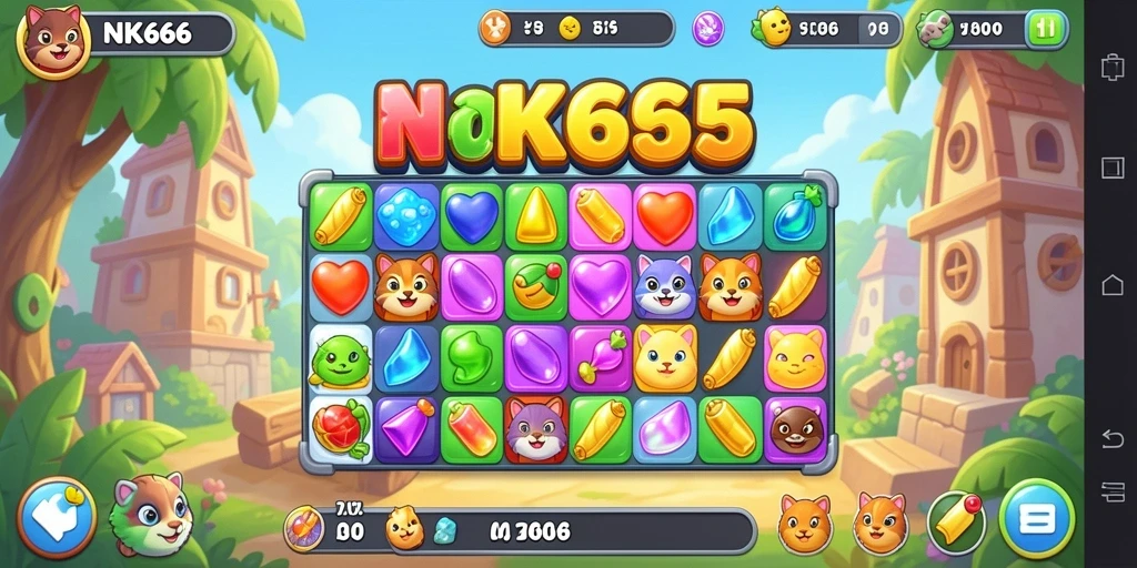 Tangkapan layar gameplay NK666 menampilkan momen seru mencocokkan permata.