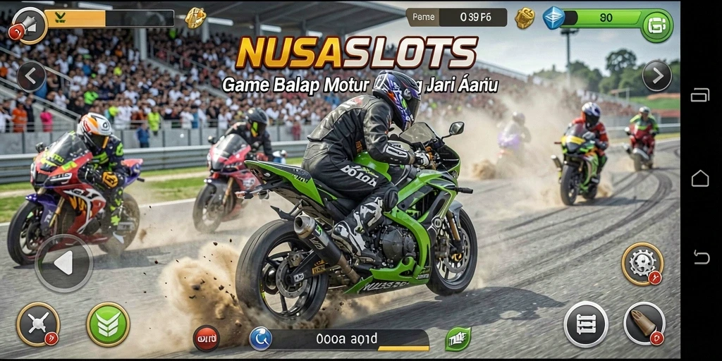 Screenshot NUSASLOTS menampilkan aksi seru dalam balap motor.