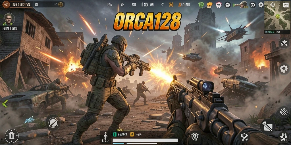 Tampilan gameplay ORCA128 dengan aksi penuh adrenalin.