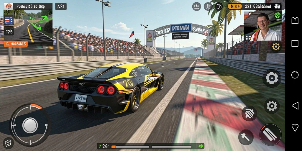 Gameplay Racing V21 dengan mobil balap yang cepat dan lintasan yang menantang.